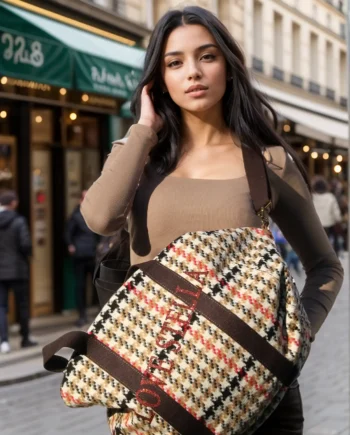 Modella con borsone tartan I Love Stella indossato in città