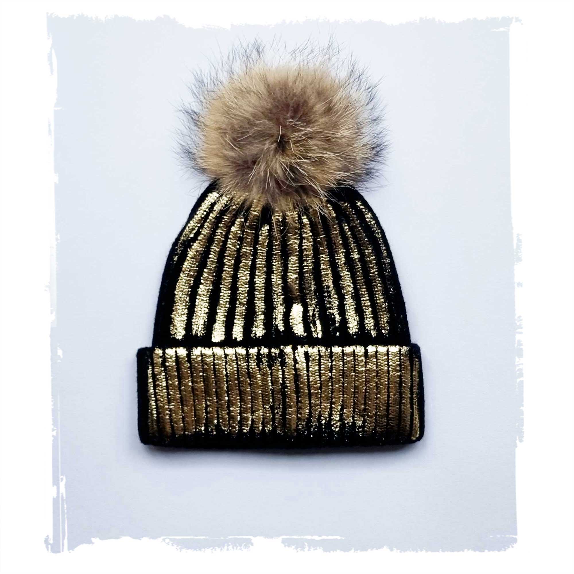 Cappello Donna in Lana con Pon Pon in Pelliccia Ecologica e Lamine Oro