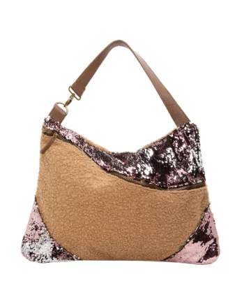Borsa artigianale in bouclé e paillettes reversibili rosa e argento con manico in pelle – apiedinudinelparco