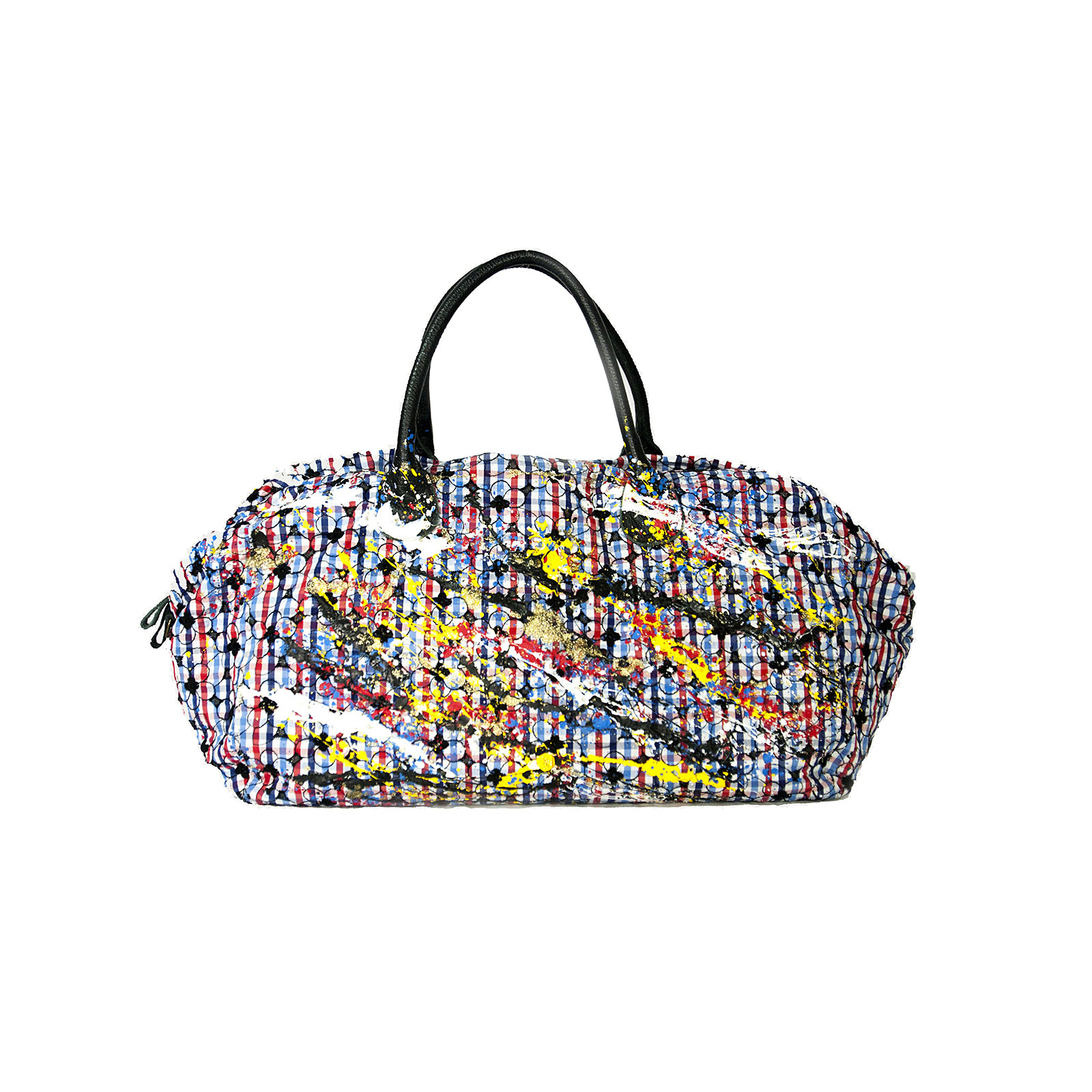 Borsone Vichy con ricami floreali e dettagli in vera pelle, dipinto a mano con colori vivaci – apiedinudinelparco