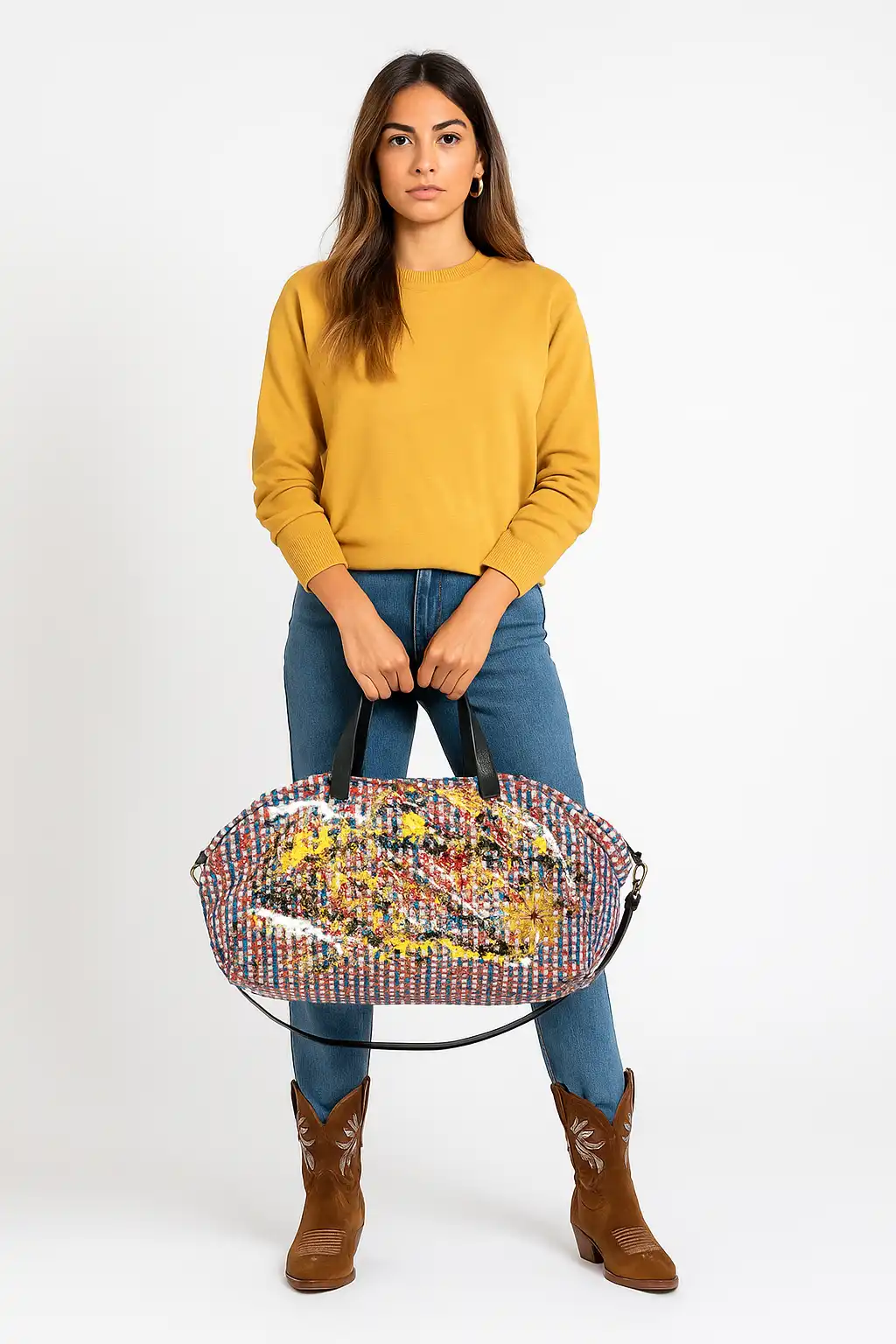 Borsone Vichy con ricami floreali e dettagli in vera pelle, dipinto a mano con colori vivaci – apiedinudinelparco