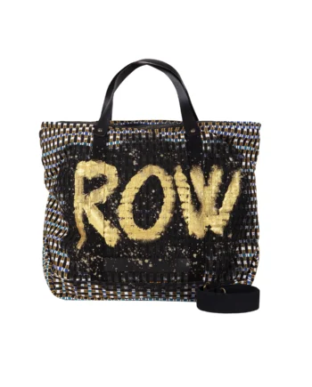 Shopping bag oversize Black&Gold in jersey fantasia con scritta dorata dipinta a mano e dettagli in vera pelle – apiedinudinelparco