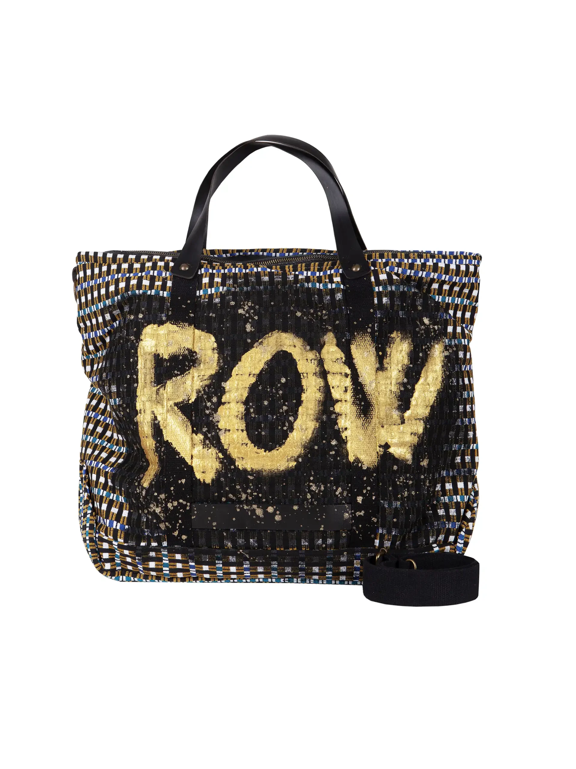 Shopping bag oversize Black&Gold in jersey fantasia con scritta dorata dipinta a mano e dettagli in vera pelle – apiedinudinelparco