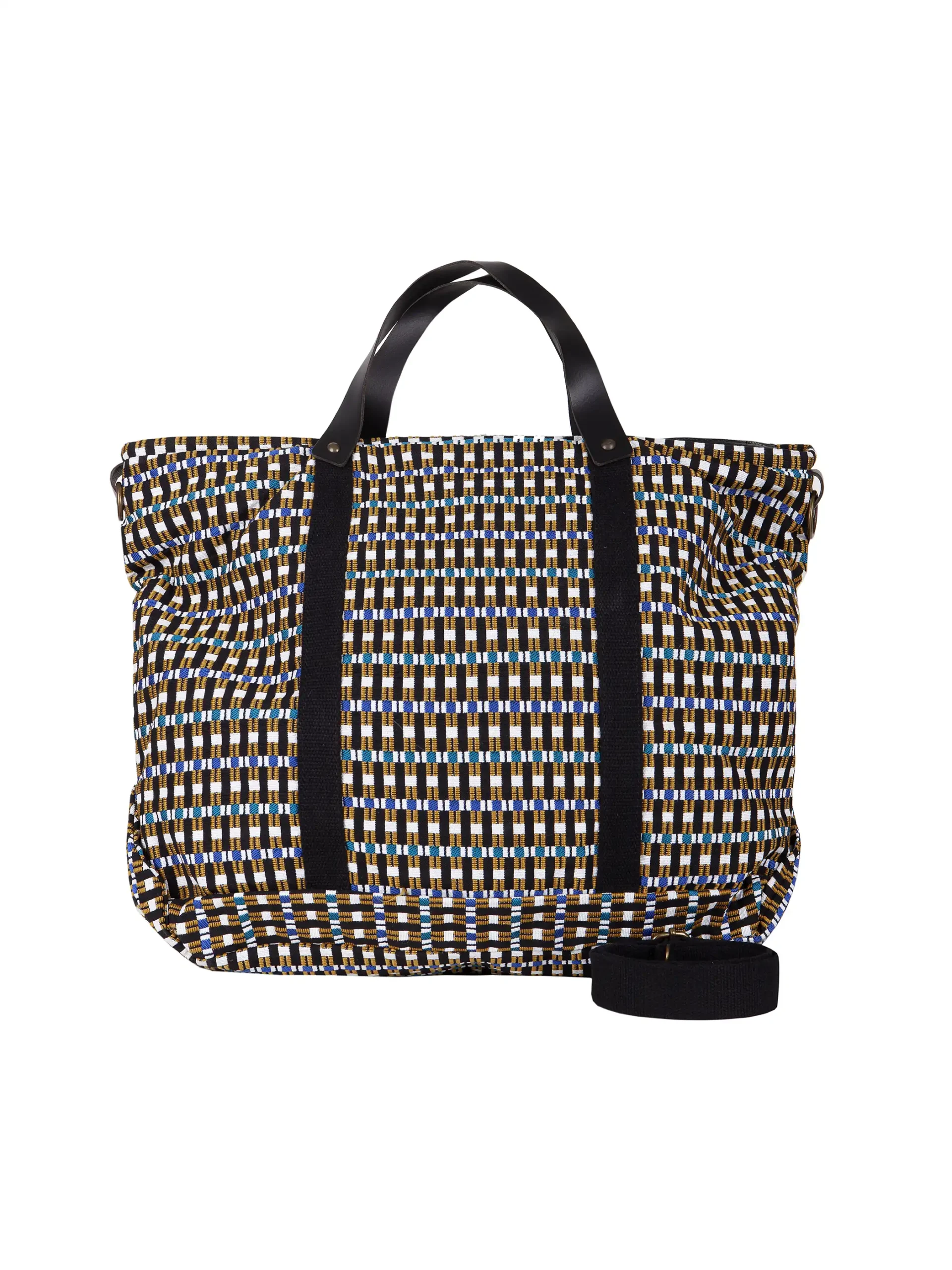 Shopping bag oversize Black&Gold in jersey fantasia con scritta dorata dipinta a mano e dettagli in vera pelle – apiedinudinelparco