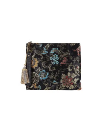 Pochette artigianale in tessuto jacquard floreale con maniglia in vera pelle e nappina dorata – apiedinudinelparco