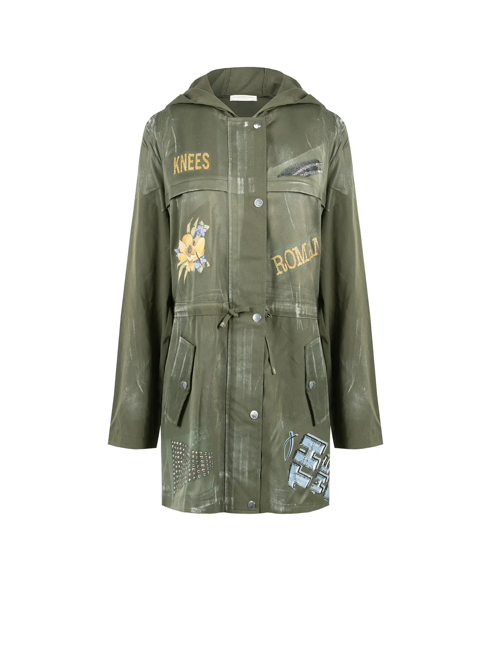 Parka donna verde militare con cappuccio e applicazioni artistiche frontali – apiedinudinelparco