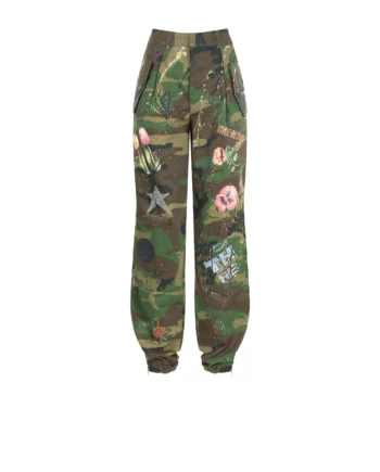pantaloni cargo camouflage donna dipinti a mano con fiori, patch e strass - apiedinudinelparco