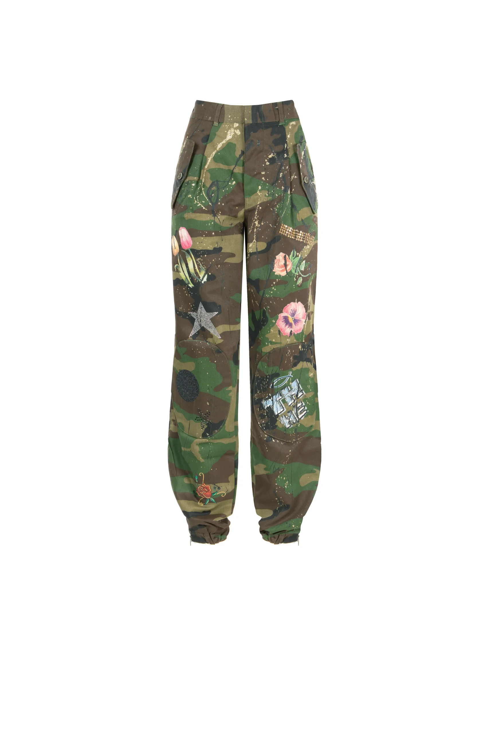 pantaloni cargo camouflage donna dipinti a mano con fiori, patch e strass - apiedinudinelparco