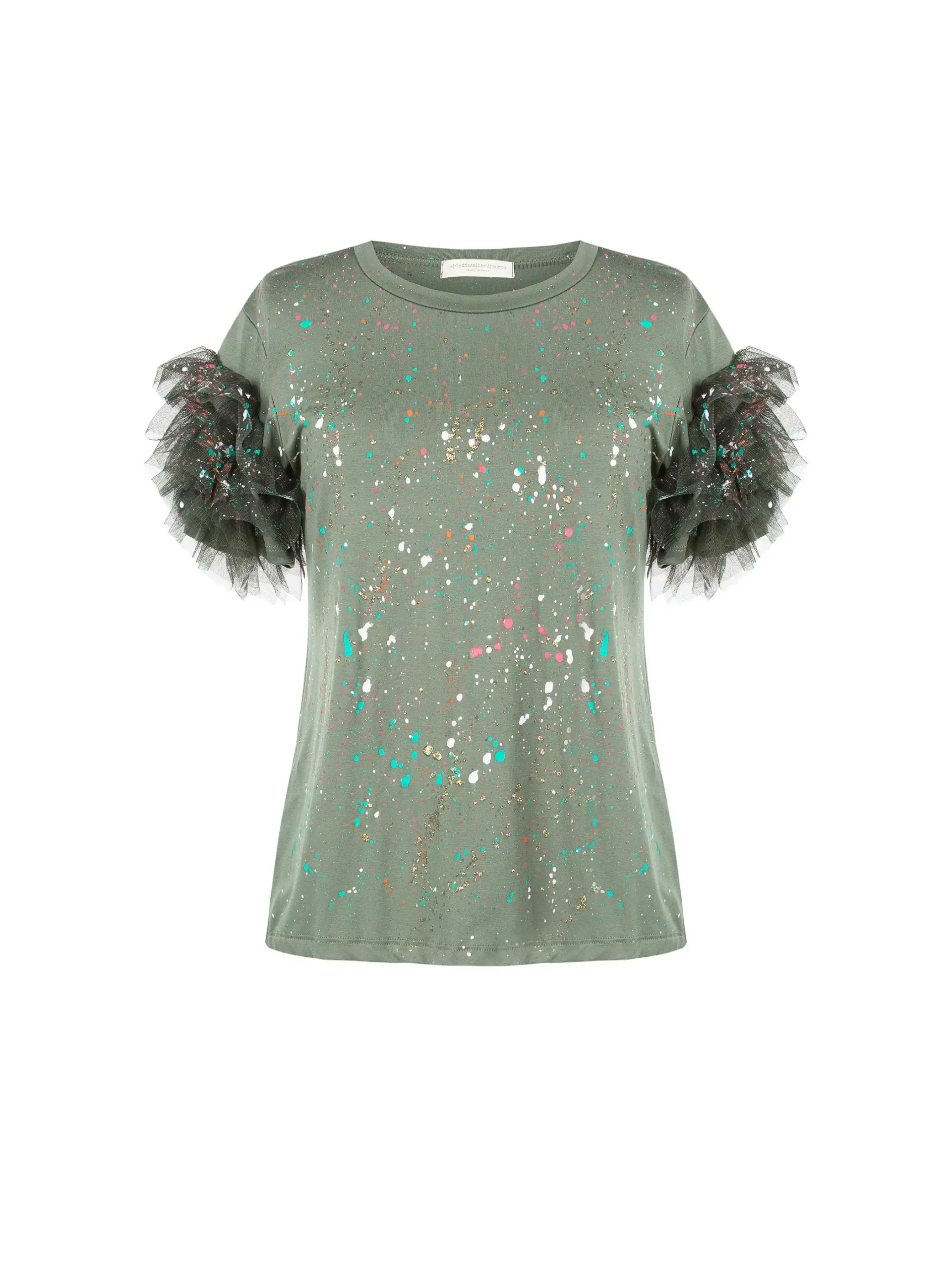t-shirt verde militare dipinta a mano con maniche in tulle e dettagli glitterati - apiedinudinelparco
