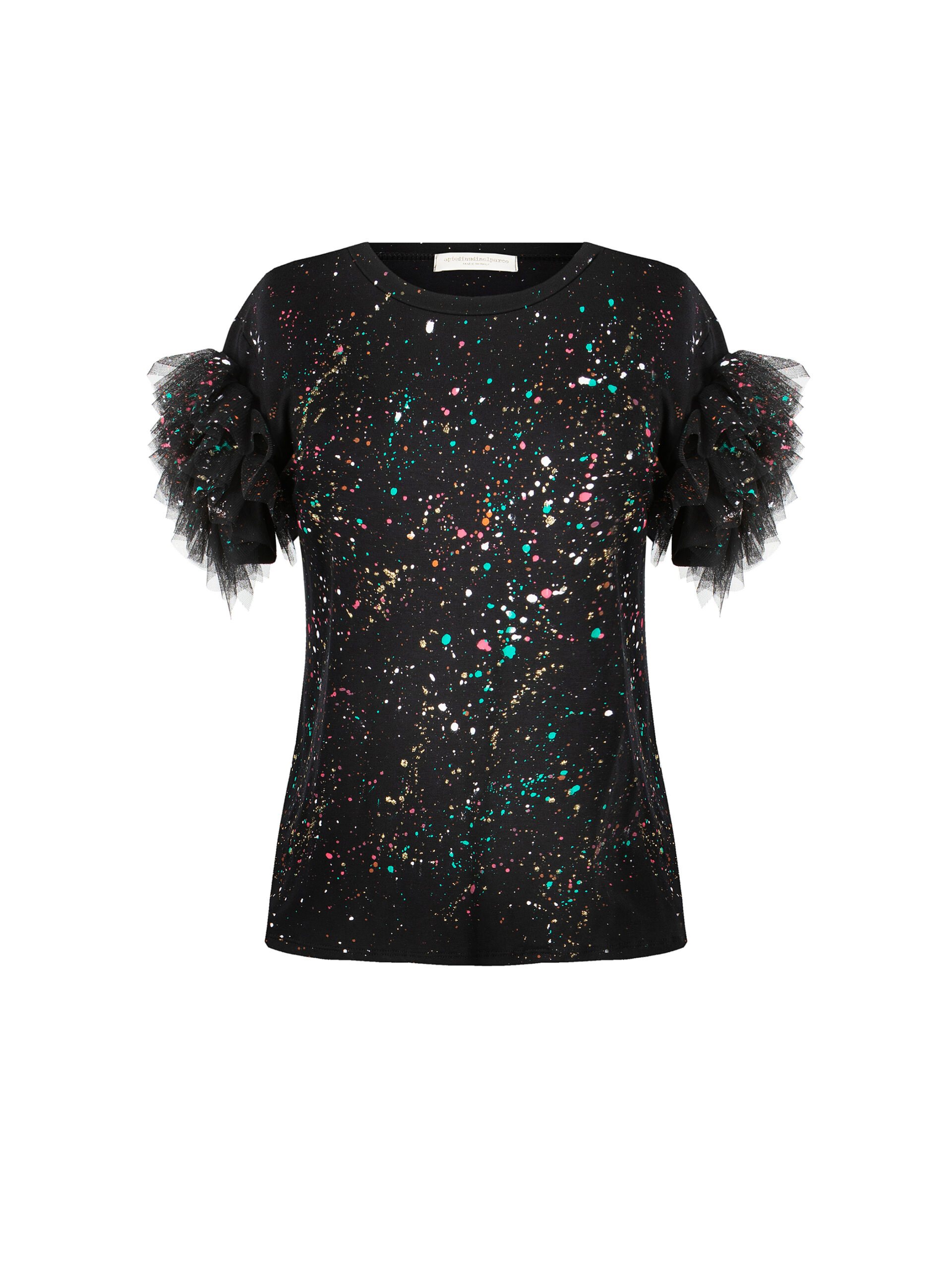 t-shirt in jersey di cotone stretch nero con dipinto a mano effetto schizzo glitterato e maniche a palloncino in tulle. Capo artigianale unico, Made in Italy.