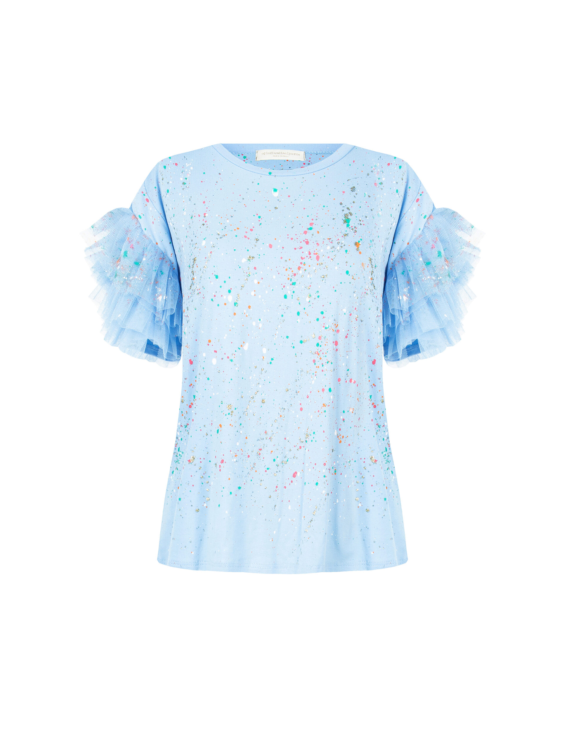 t-shirt in jersey di cotone stretch azzurro con dipinto a mano effetto schizzo glitterato e maniche a palloncino in tulle. Capo artigianale unico, Made in Italy.