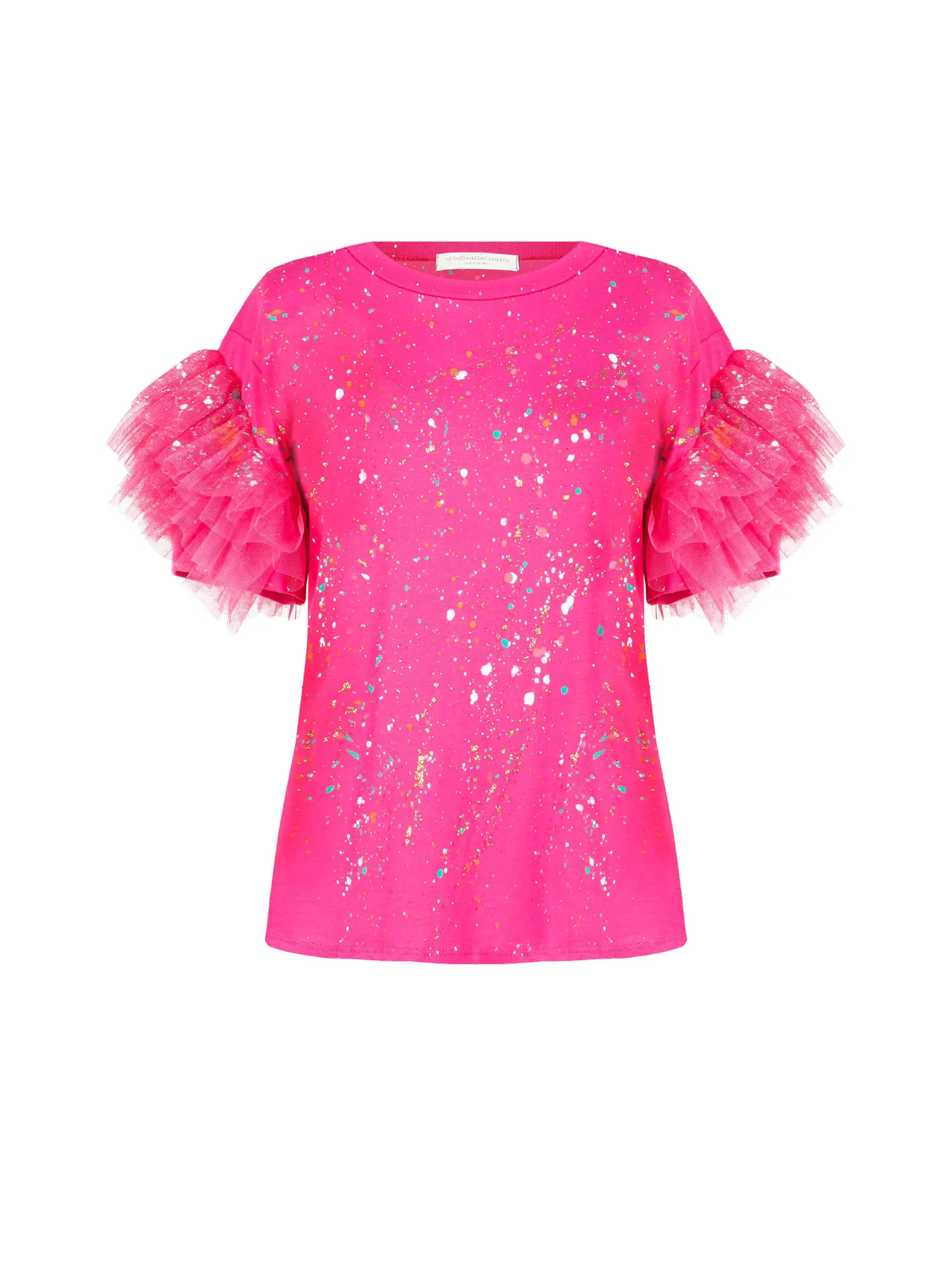 t-shirt fuxia dipinta a mano con maniche in tulle e dettagli glitterati - apiedinudinelparco