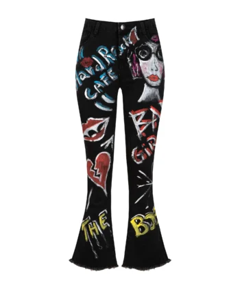 Jeans donna elasticizzato nero dipinto a mano stile tattoo pop – apiedinudinelparco