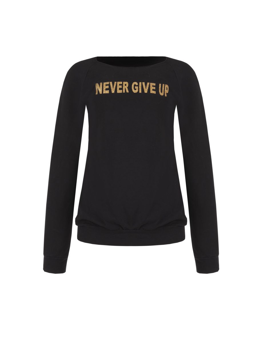 Felpa donna Never Give Up con decorazioni lurex oro