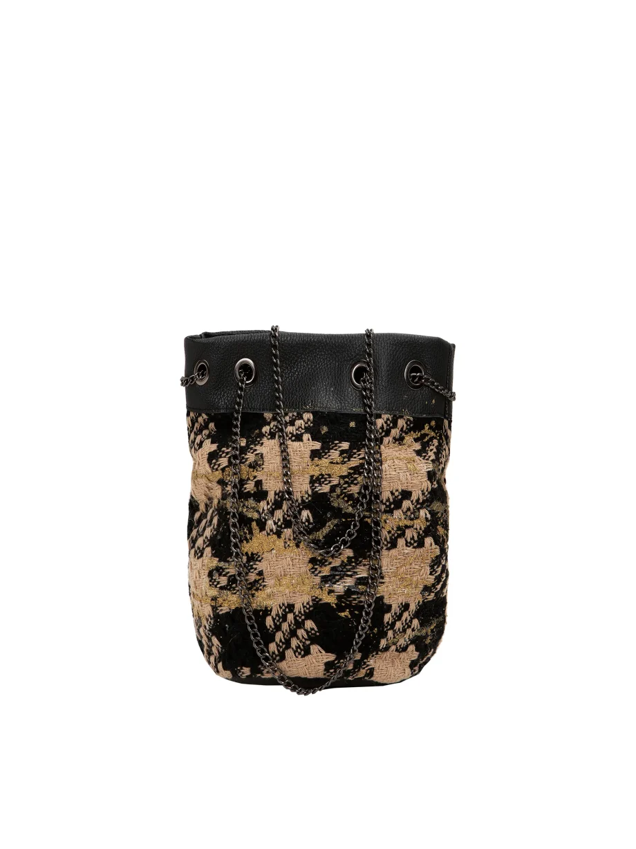 Borsa Secchiello in Pelle e Tessuto con Manici in Catena