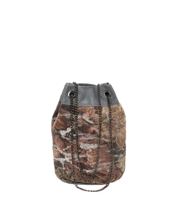 Borsa Secchiello in Pelle e Tessuto con Manici in Catena