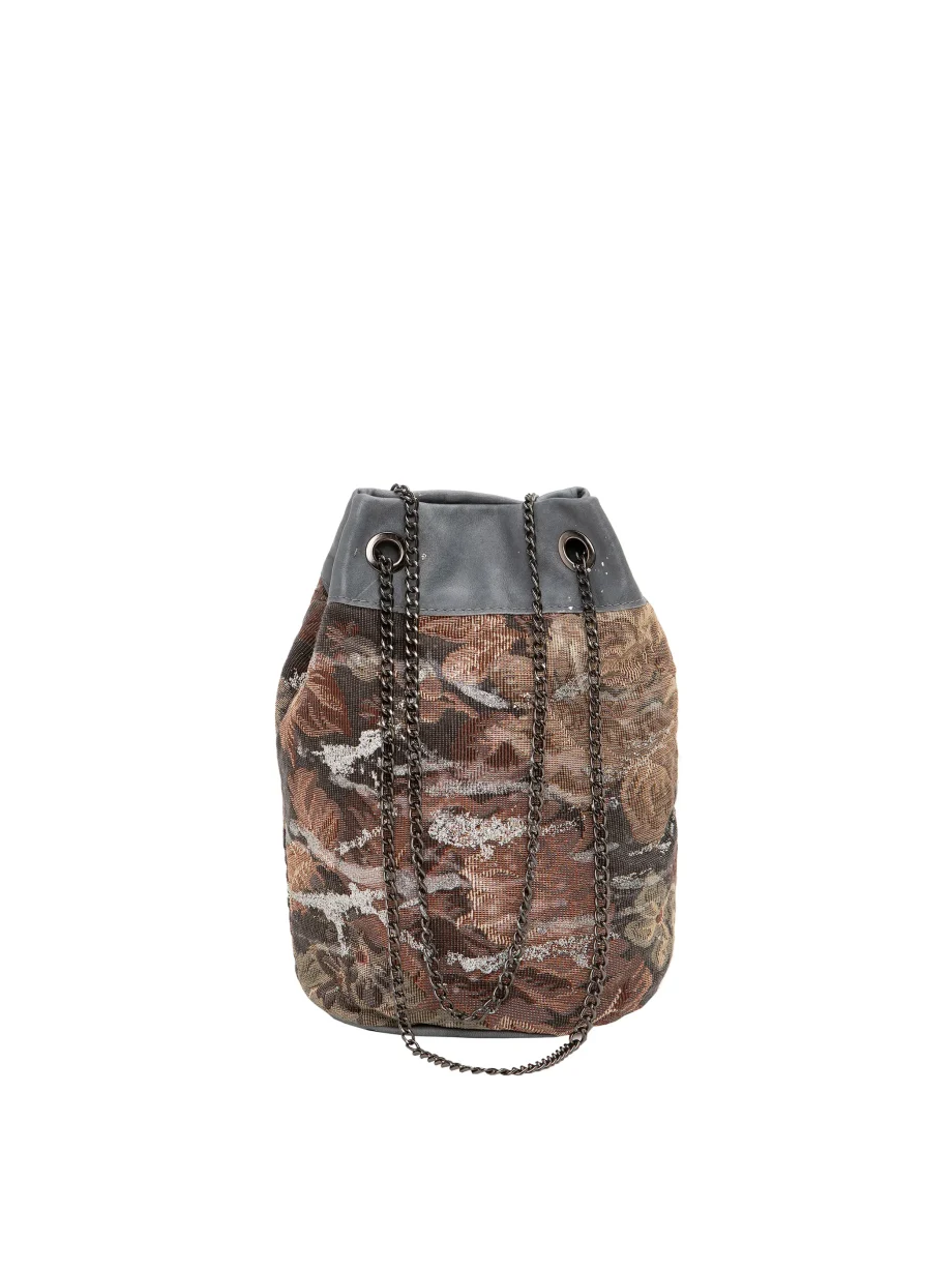 Borsa Secchiello in Pelle e Tessuto con Manici in Catena