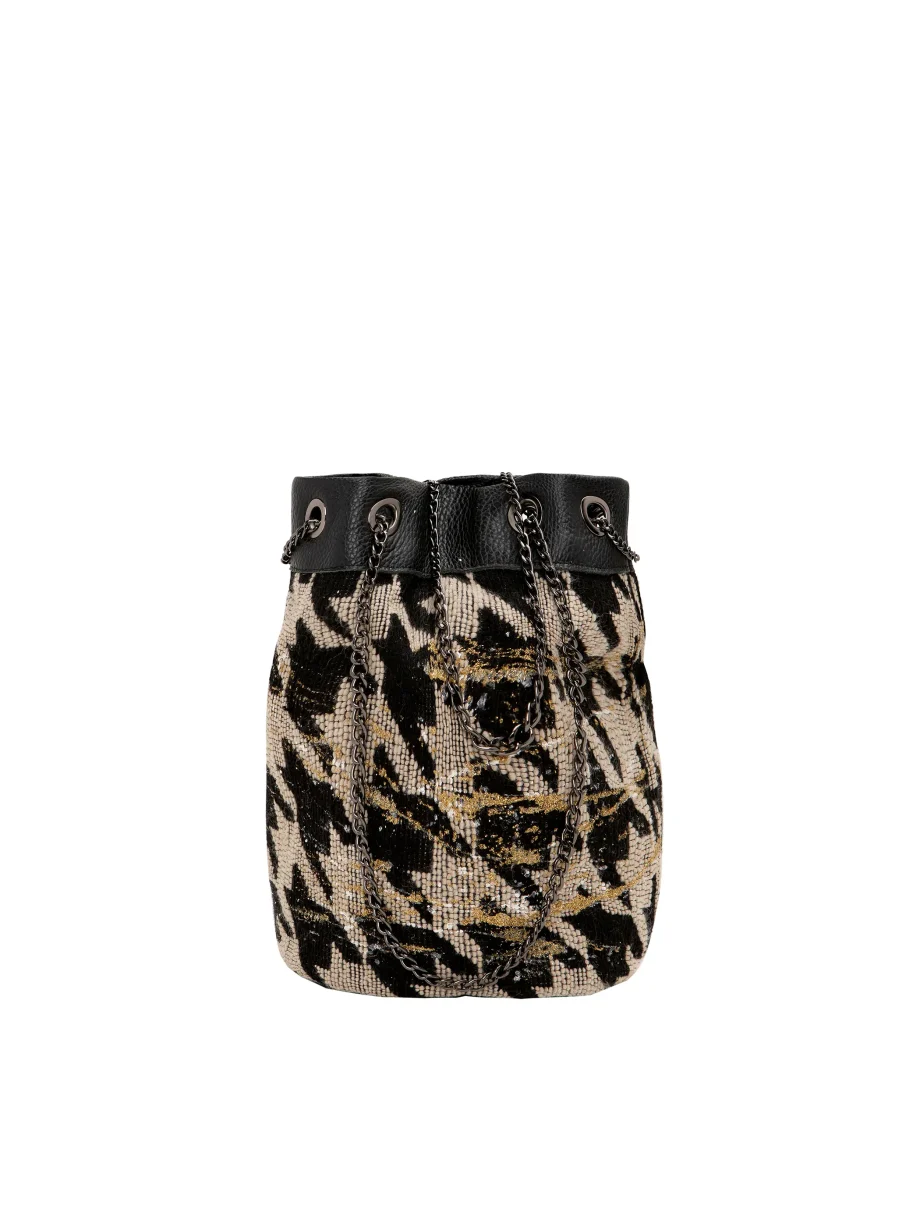 Borsa Secchiello in Pelle e Tessuto con Manici in Catena