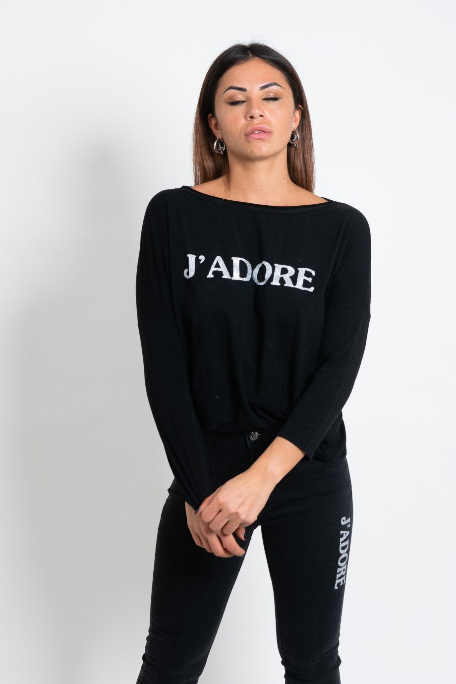 Felpa donna J’adore con decorazioni lurex argento