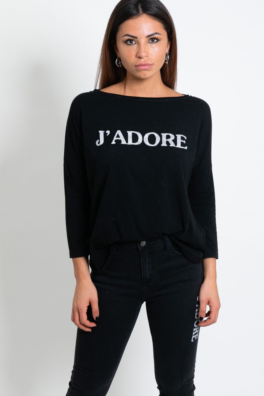 Felpa donna J’adore con decorazioni lurex argento