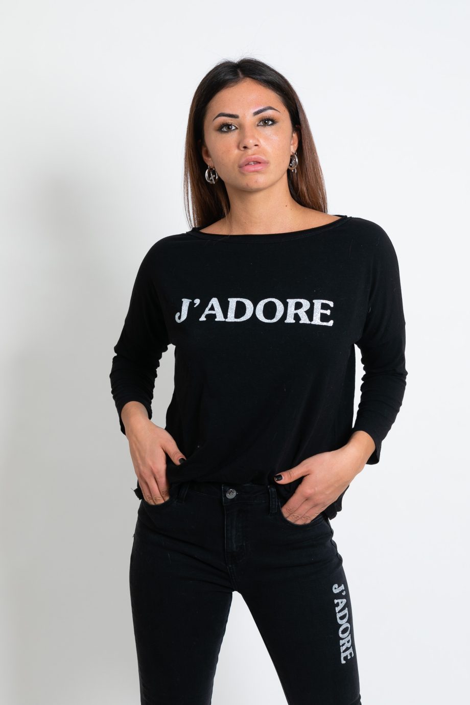 Felpa donna J’adore con decorazioni lurex argento