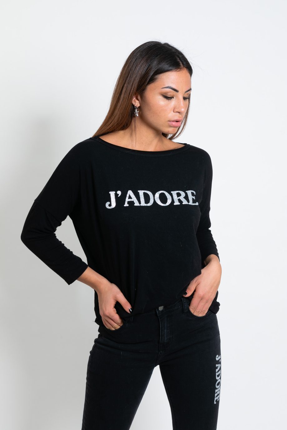 Felpa donna J’adore con decorazioni lurex argento