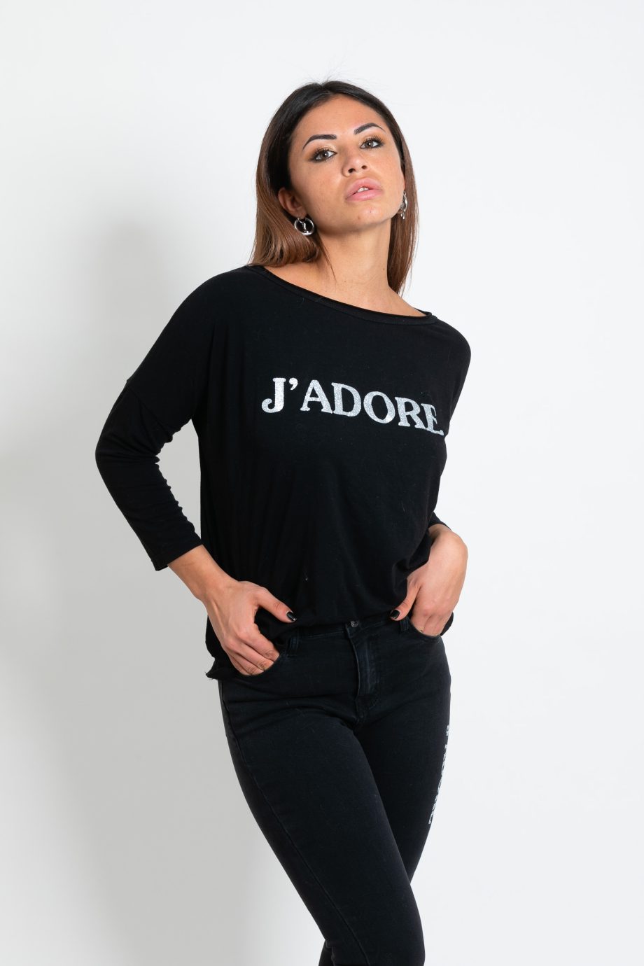 Felpa donna J’adore con decorazioni lurex argento