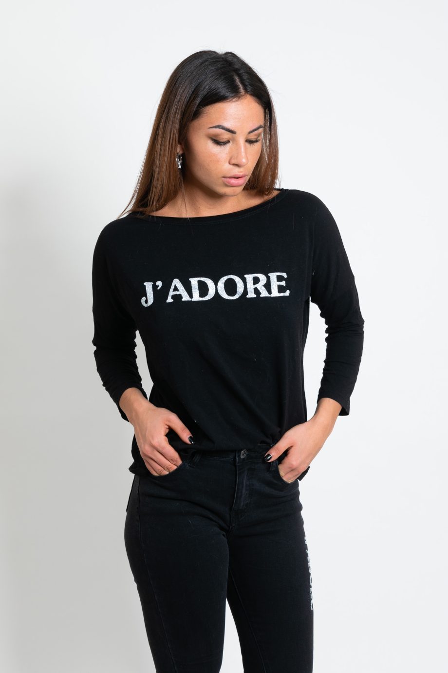 Felpa donna J’adore con decorazioni lurex argento