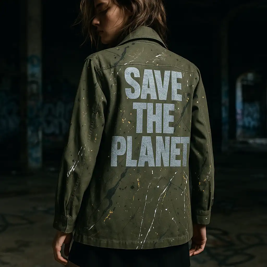 Giacca militare donna verde oliva dipinta a mano con scritta glitter “Save the Planet” – apiedinudinelparco