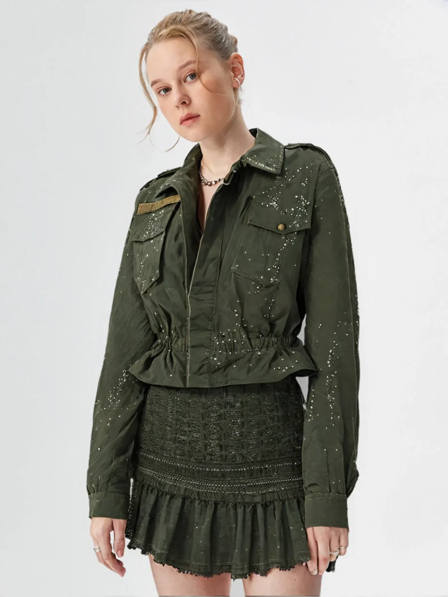 Giacca corta militare originale rigenerata dipinta a mano con paillettes Mickey Mouse