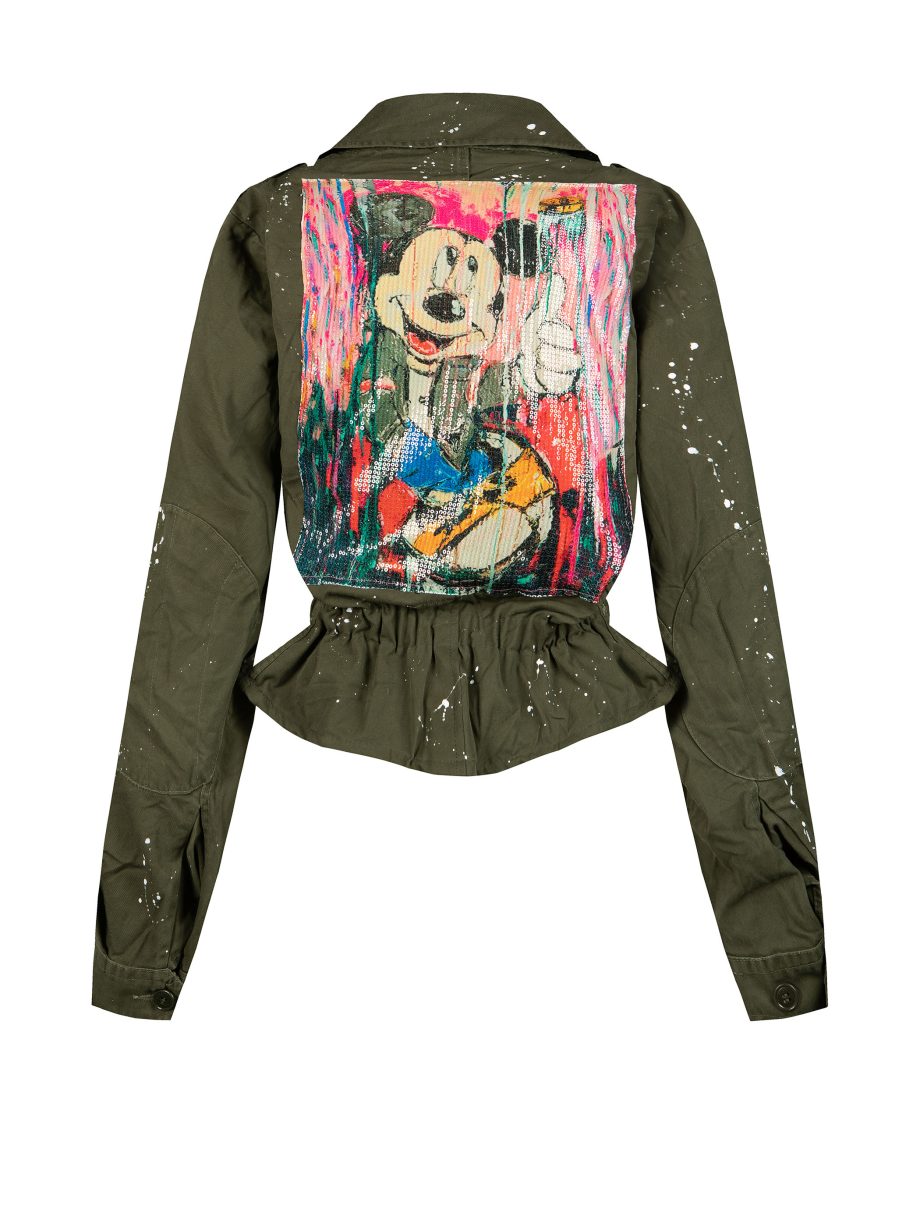 Giacca corta militare originale rigenerata dipinta a mano con paillettes Mickey Mouse I Like