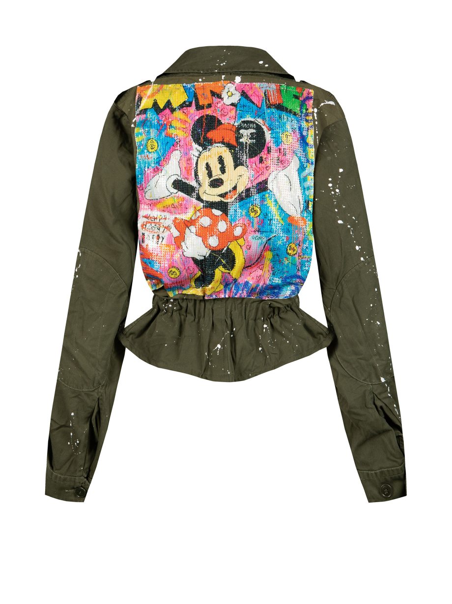Giacca corta militare originale rigenerata dipinta a mano con paillettes Minnie
