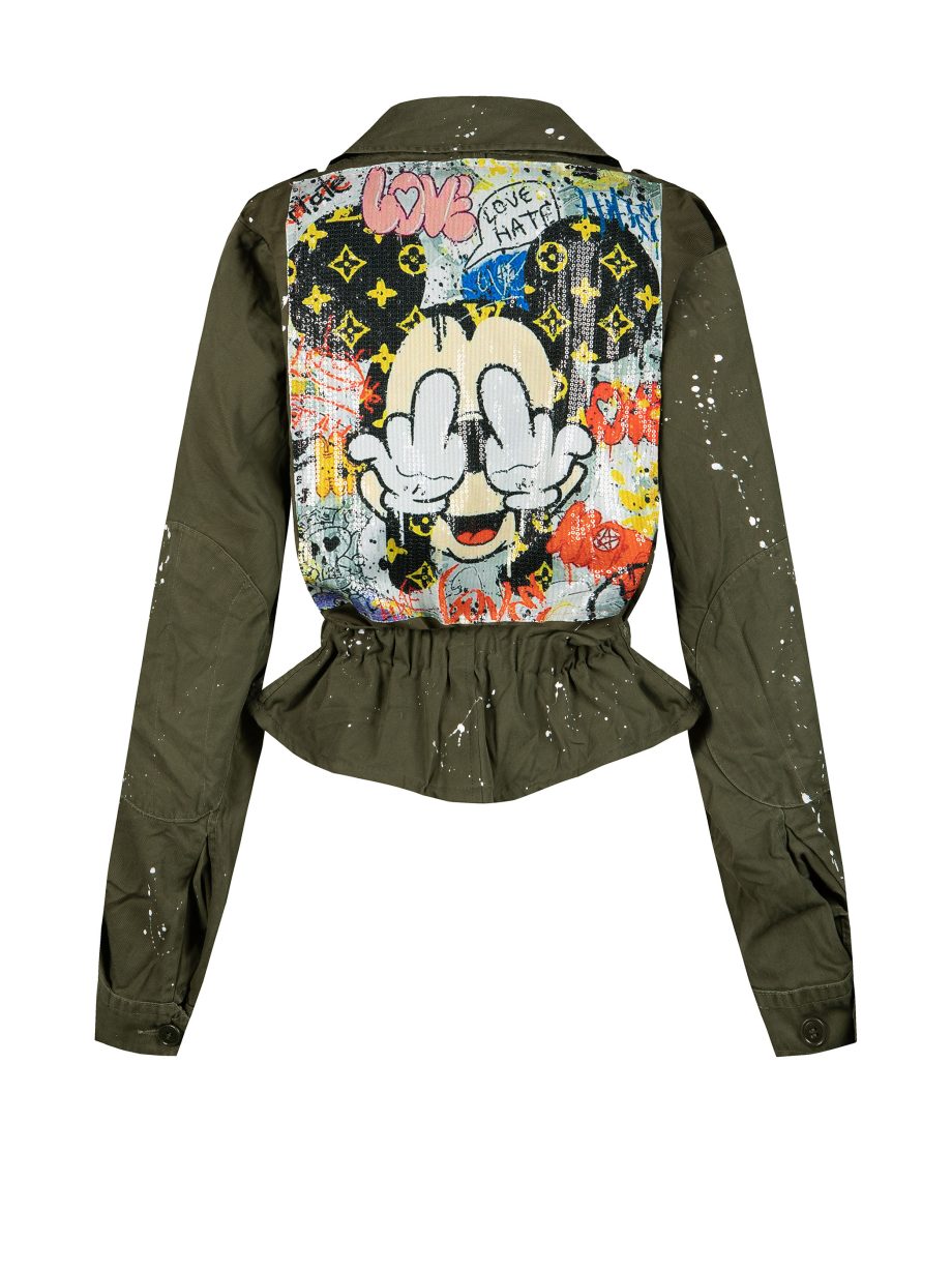 Giacca corta militare originale rigenerata dipinta a mano con paillettes Mickey Mouse