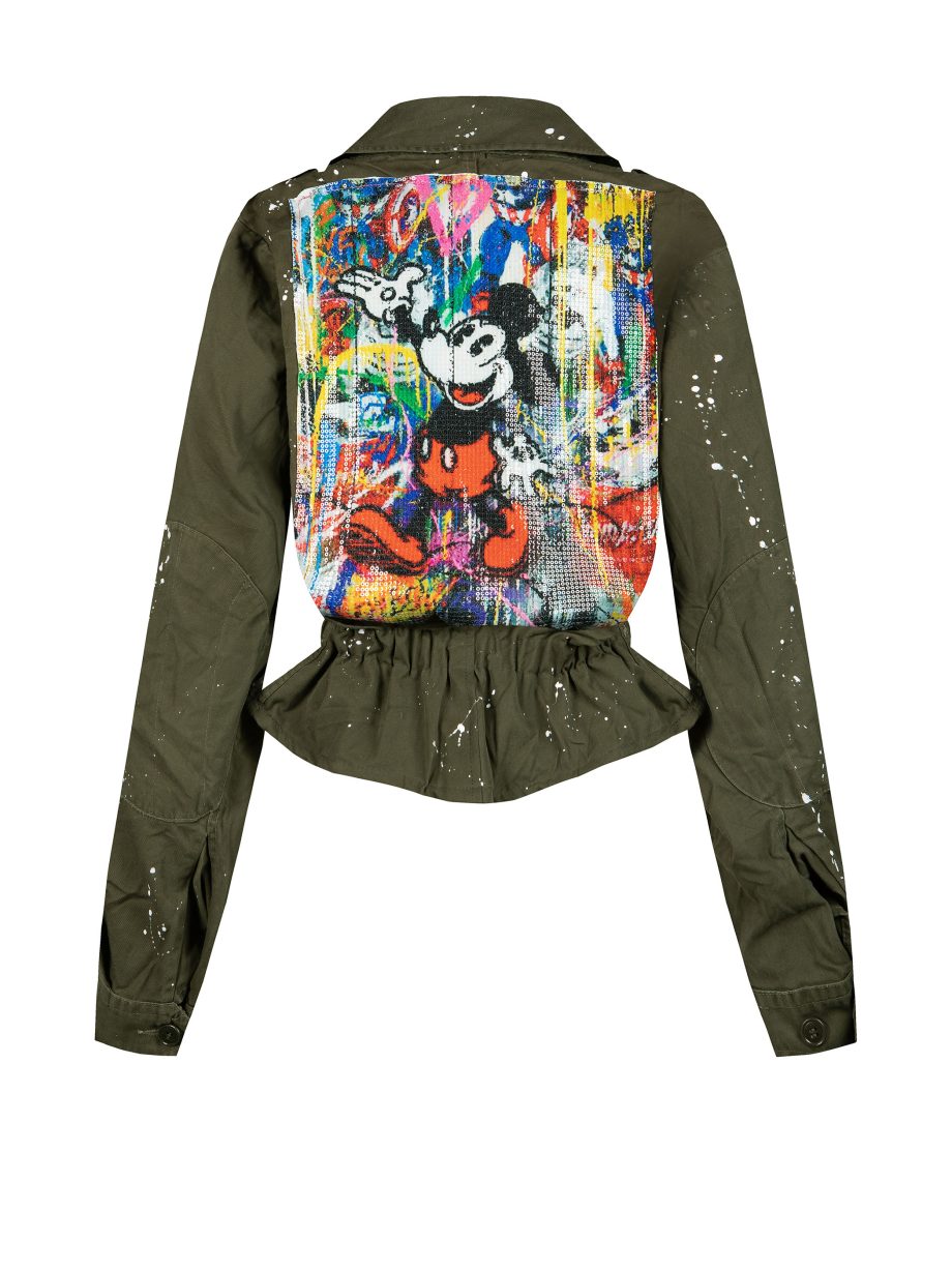 Giacca corta militare originale rigenerata dipinta a mano con paillettes con fumetti Topolino
