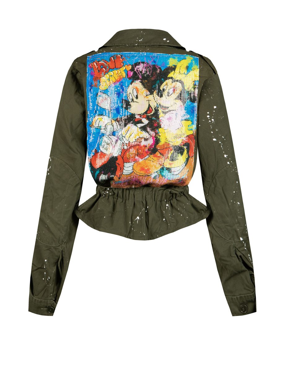 Giacca corta militare originale rigenerata dipinta a mano con paillettes con fumetti Topolino Love Street
