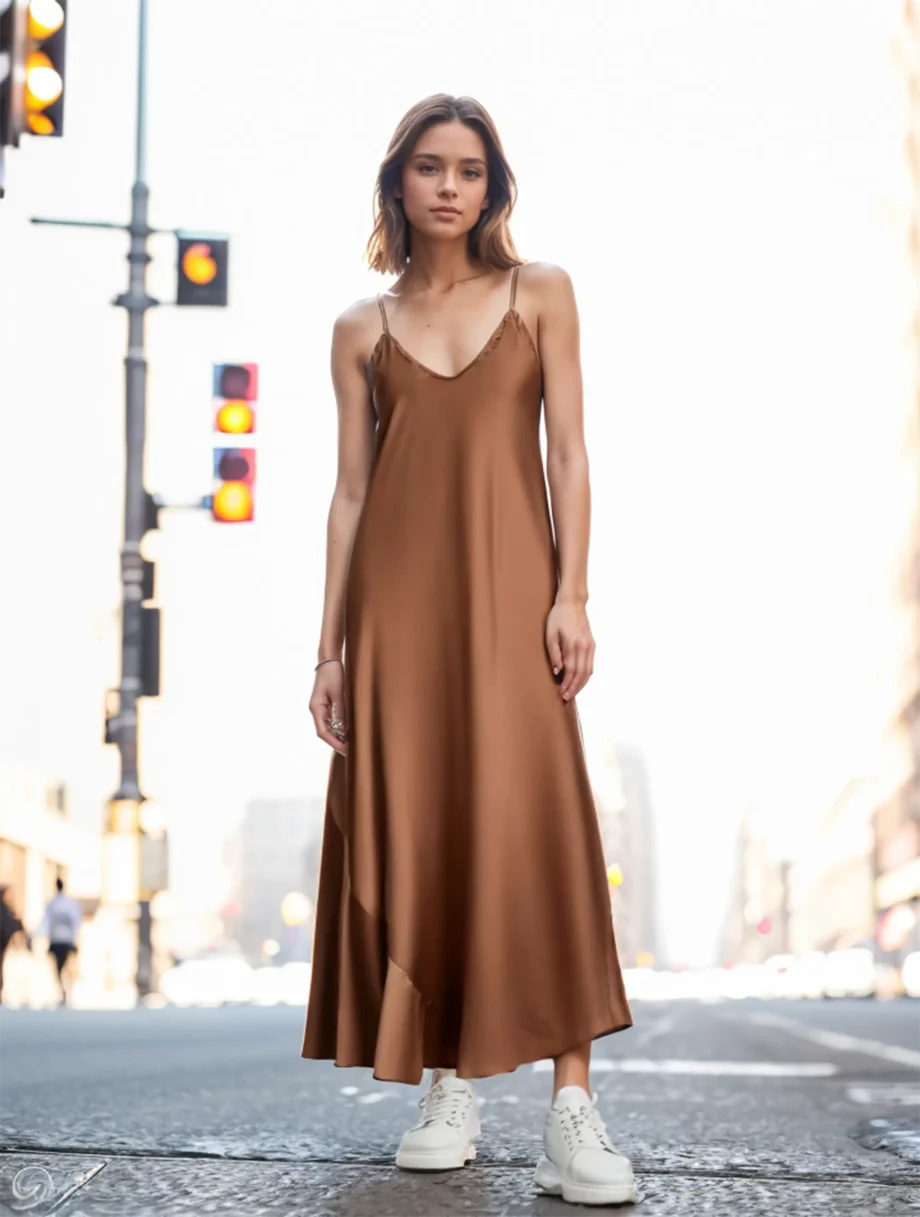 abito lungo indossato a sottoveste beige con drappo laterale