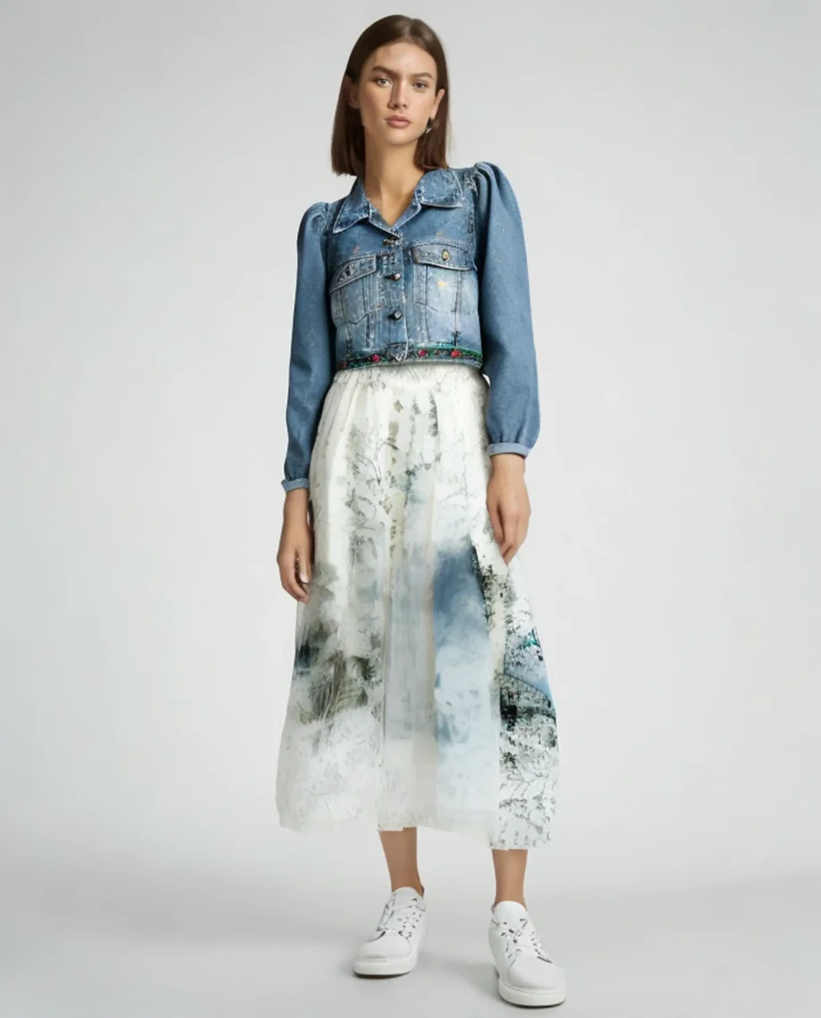 giacca trucker da donna in denim dipinta a mano indossata