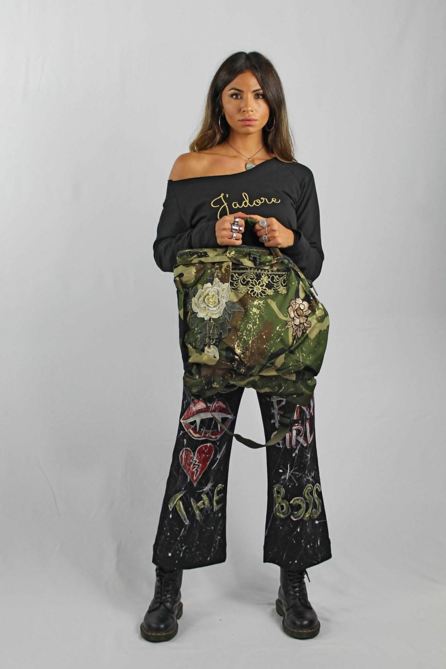 Borsa Militare Camouflage con Ricami e Applicazioni