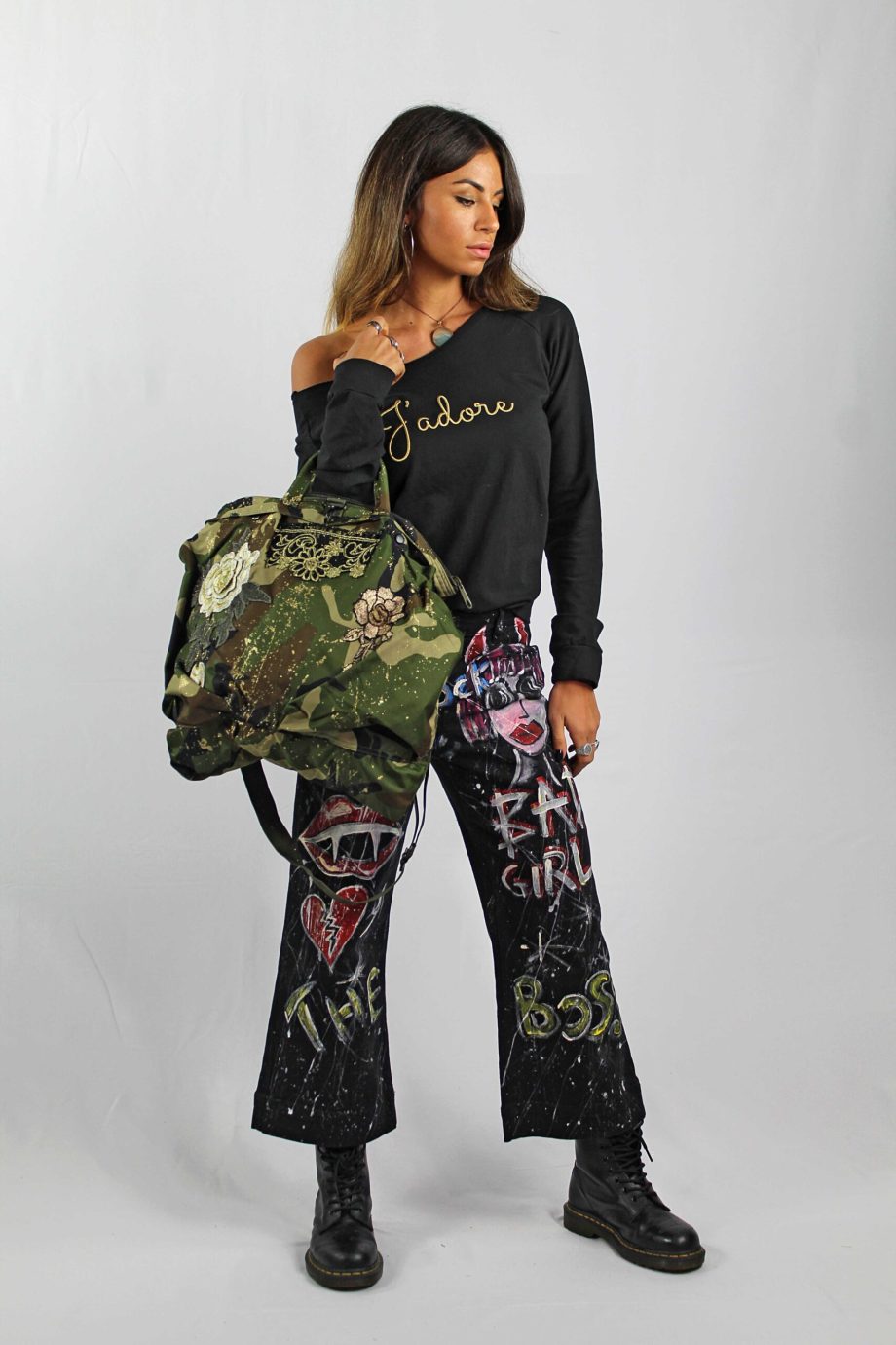 Borsa Militare Camouflage con Ricami e Applicazioni