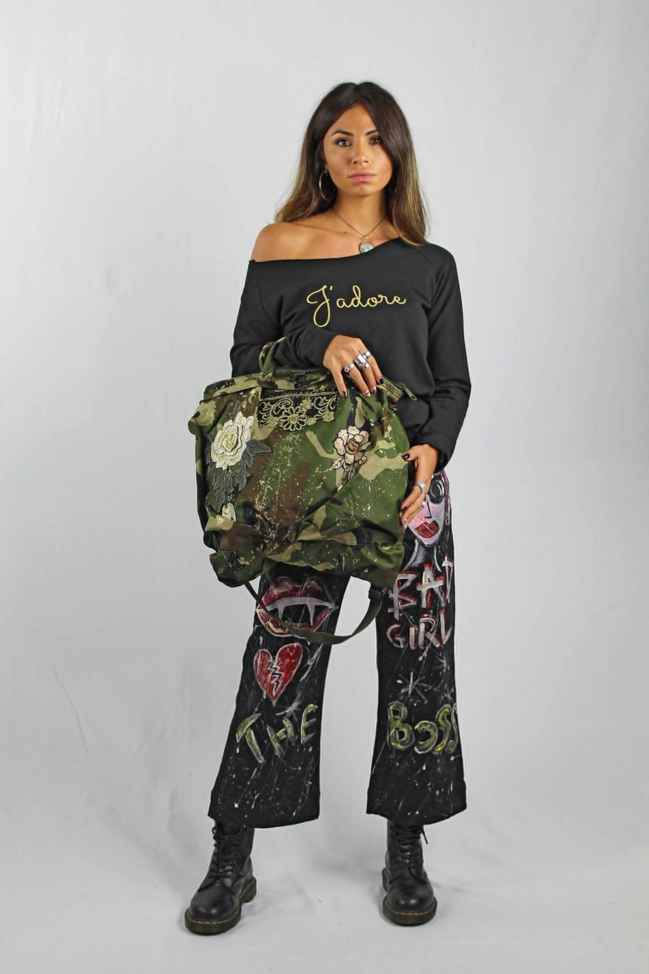 Borsa Militare Camouflage con Ricami e Applicazioni
