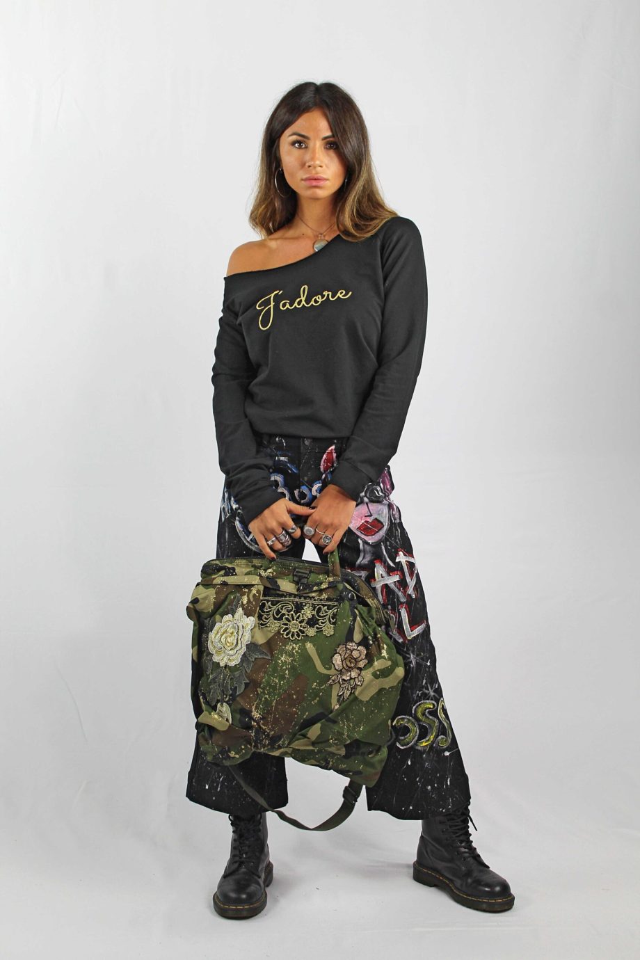 Borsa Militare Camouflage con Ricami e Applicazioni