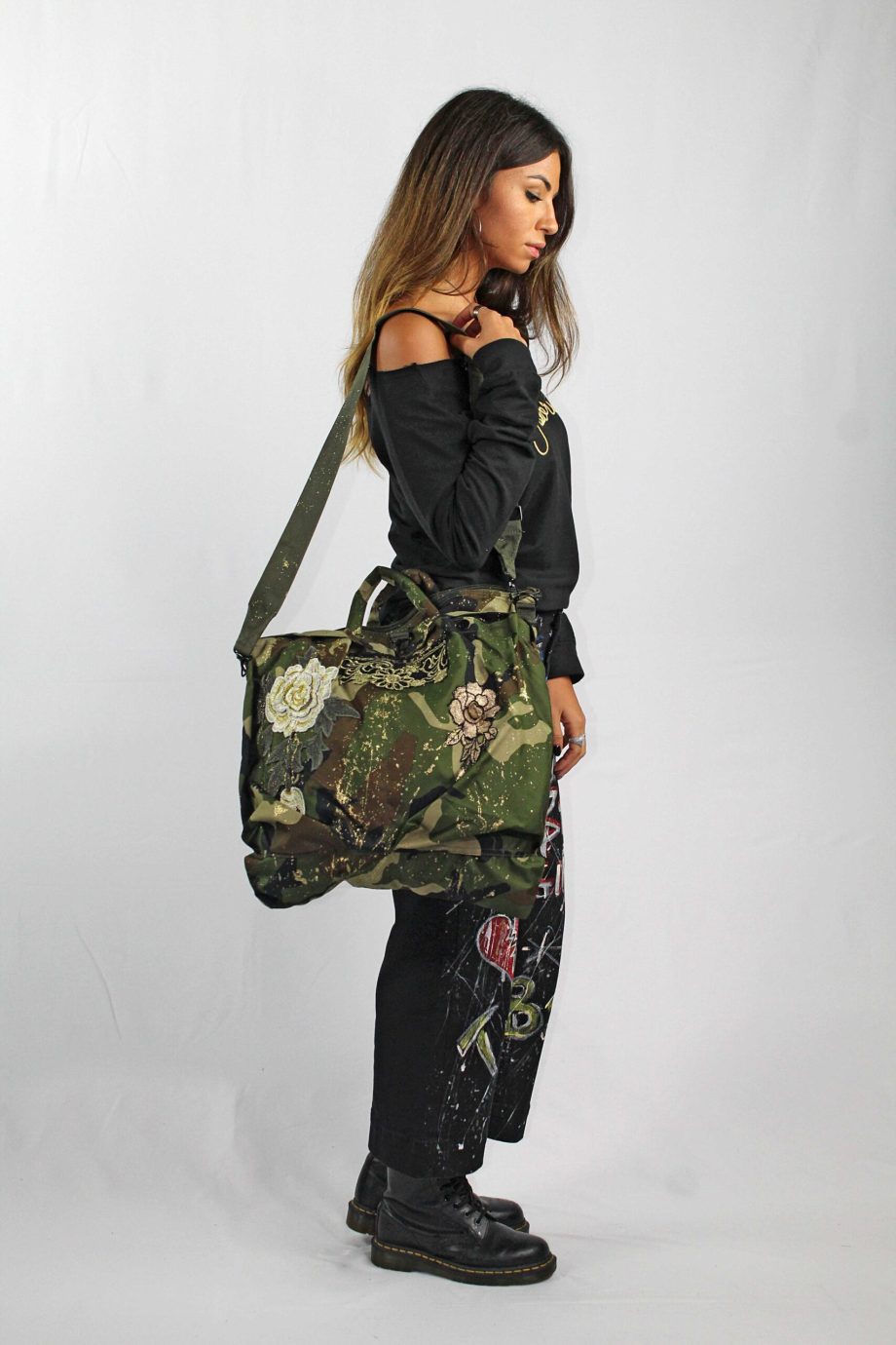 Borsa Militare Camouflage con Ricami e Applicazioni