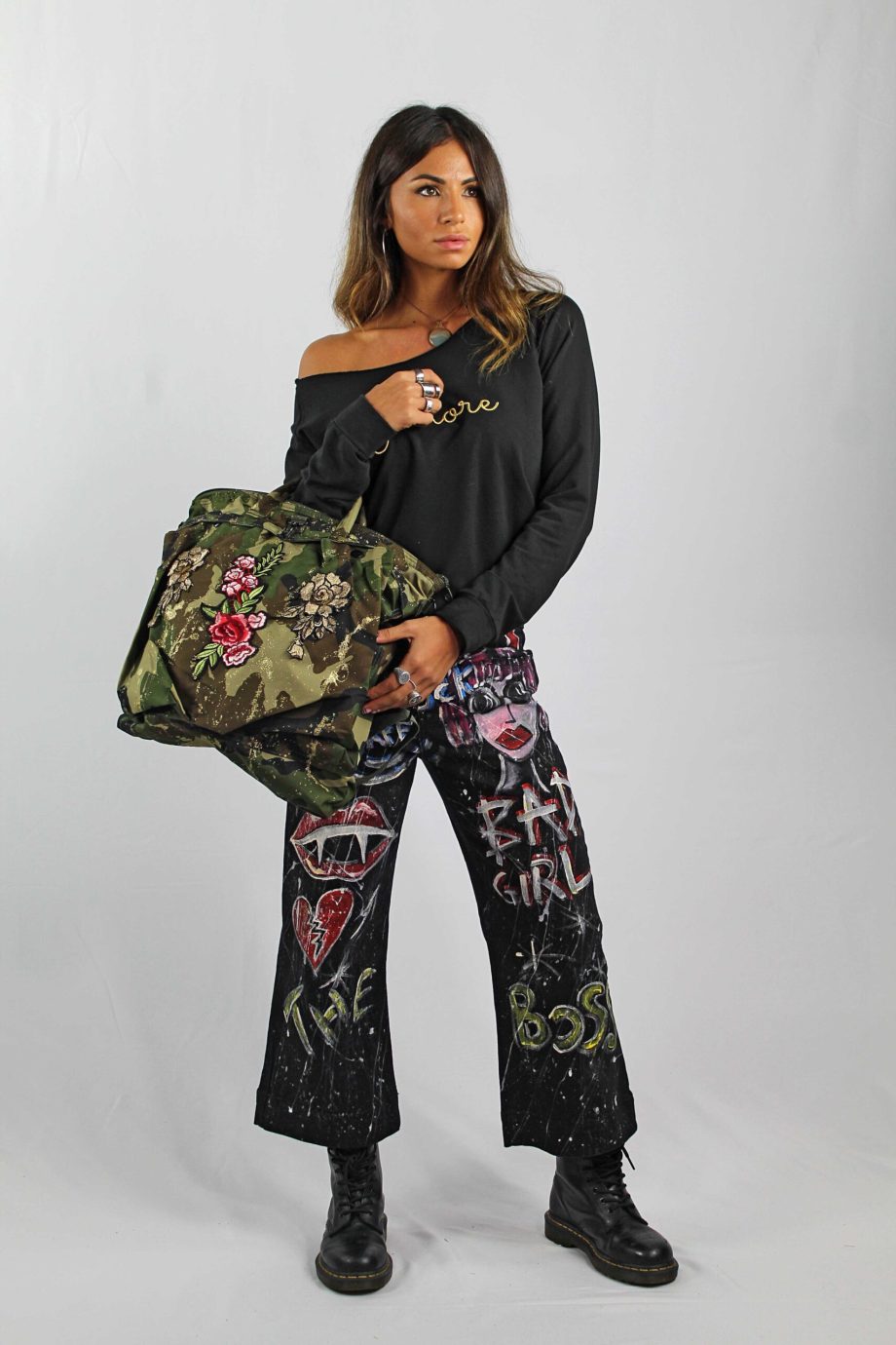 Borsa Militare con Ricami Pizzi ed Applicazioni - Rosa