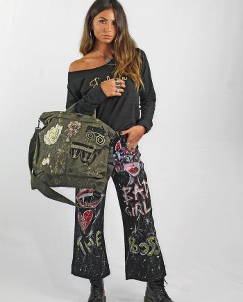 Borsa Militare con Ricami Pizzi ed Applicazioni - Cachi