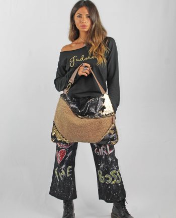 Borsa monospalla in Tessuto bouclè e Paillettes
