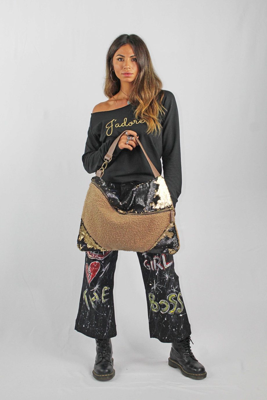 Borsa monospalla in Tessuto bouclè e Paillettes