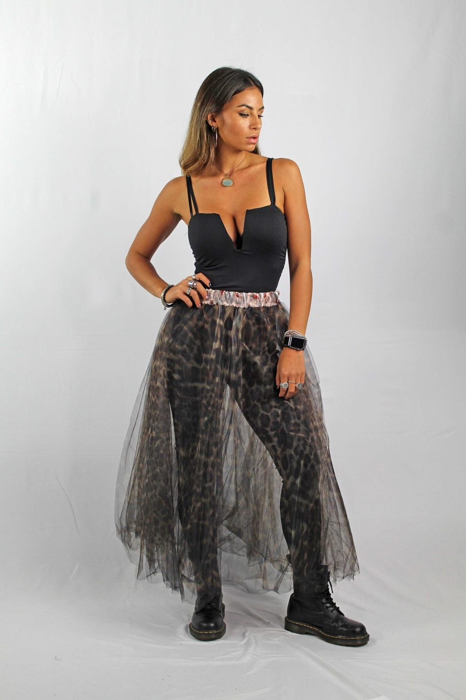 Gonna in Tulle 4 Strati Animalier Stampata a Mano