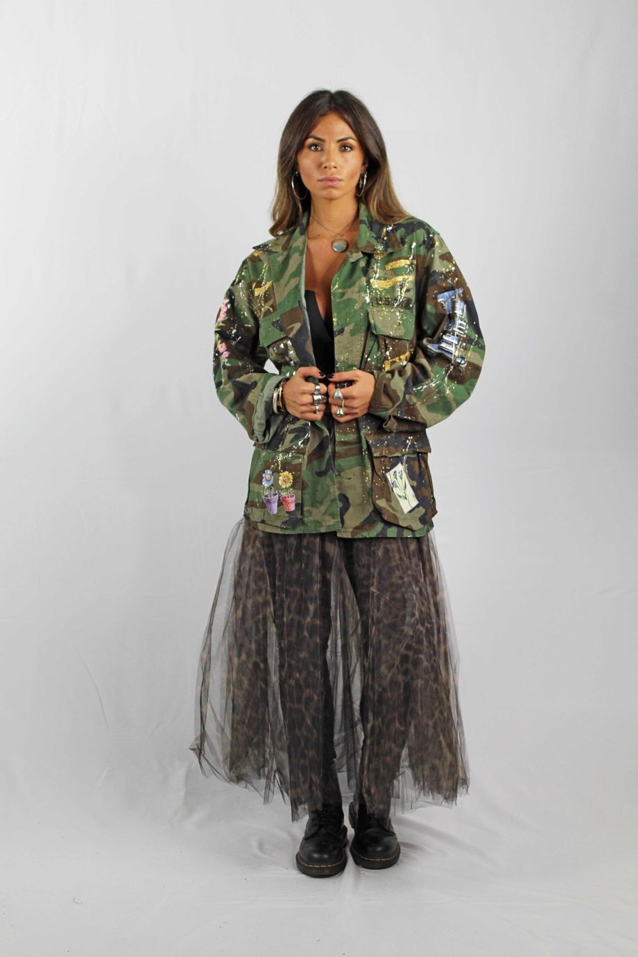 Gonna in Tulle 4 Strati Animalier Stampata a Mano