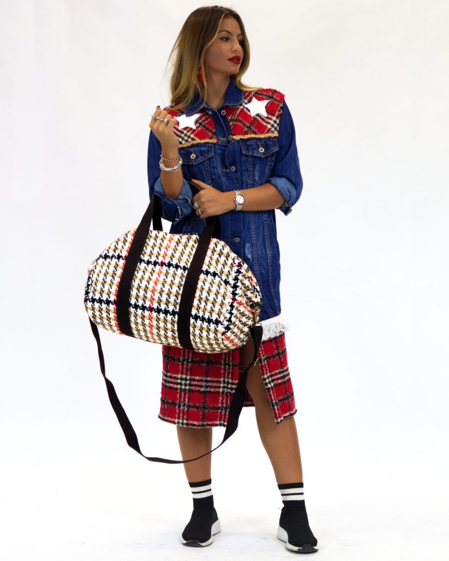 Borsa in tartan weekender in Tartan con vera pelle - apiedinudinelparco