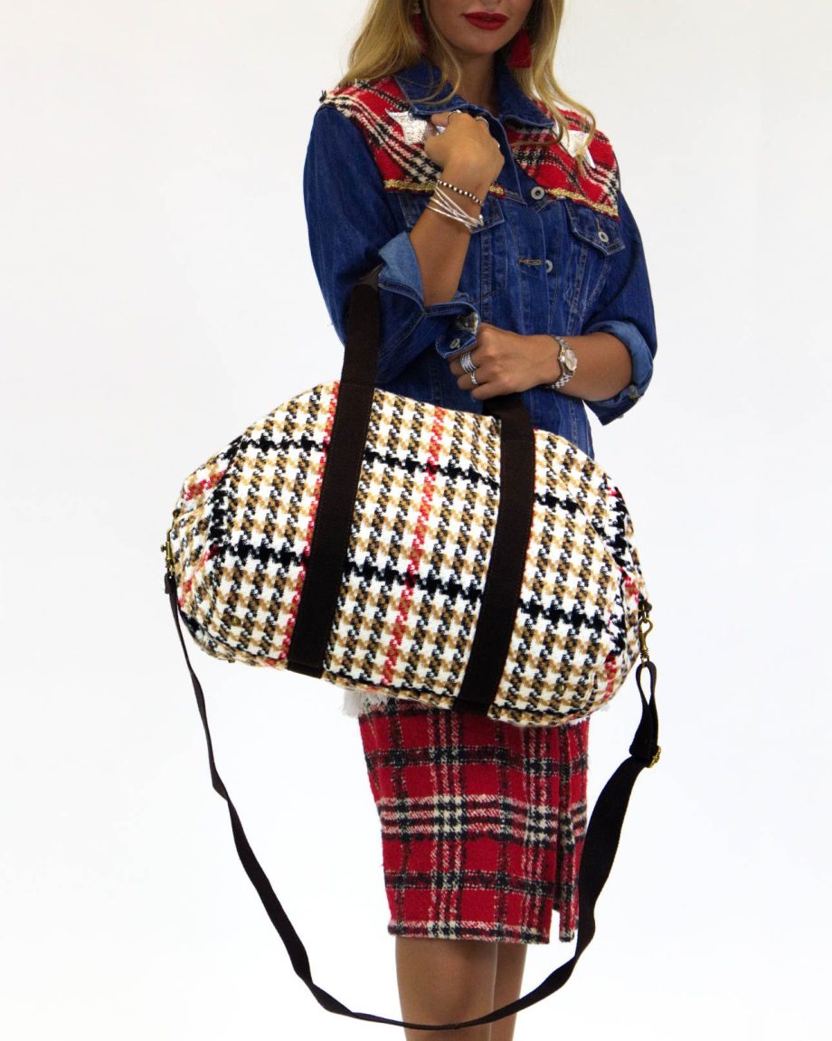Borsa in tartan weekender in Tartan con vera pelle - apiedinudinelparco